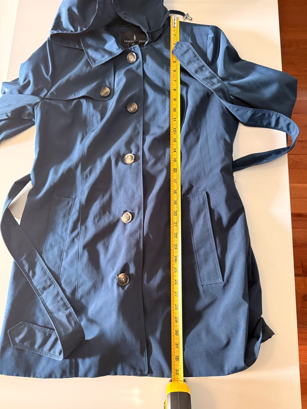 London Fog Navy Blue Hooded Belted Trench Rain Coat Women’s Classic Jacket - Picture 8 of 9